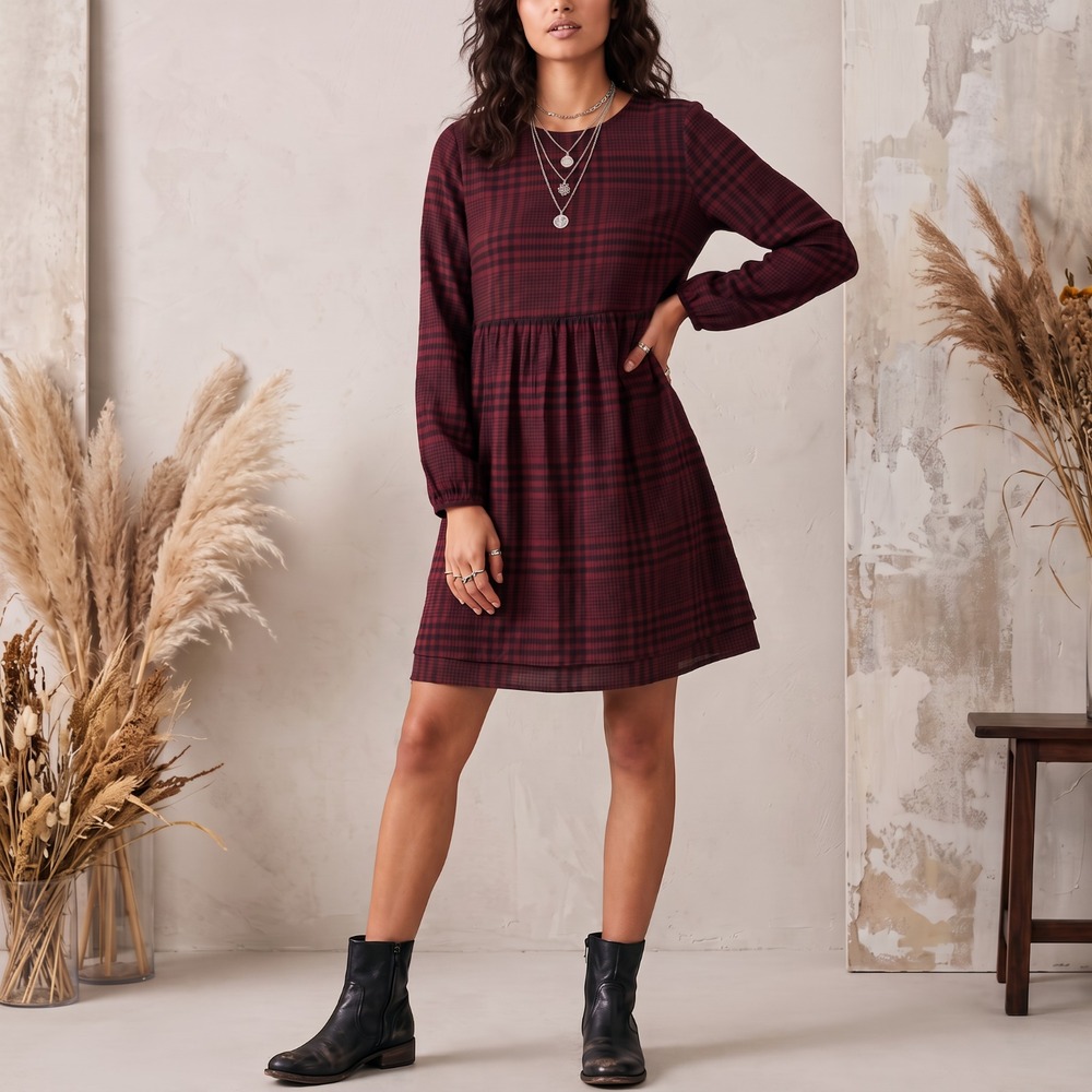 Wild Fable Burgundy Plaid Dress Baby Doll Dark Cottage Grunge Goth Slouchy M